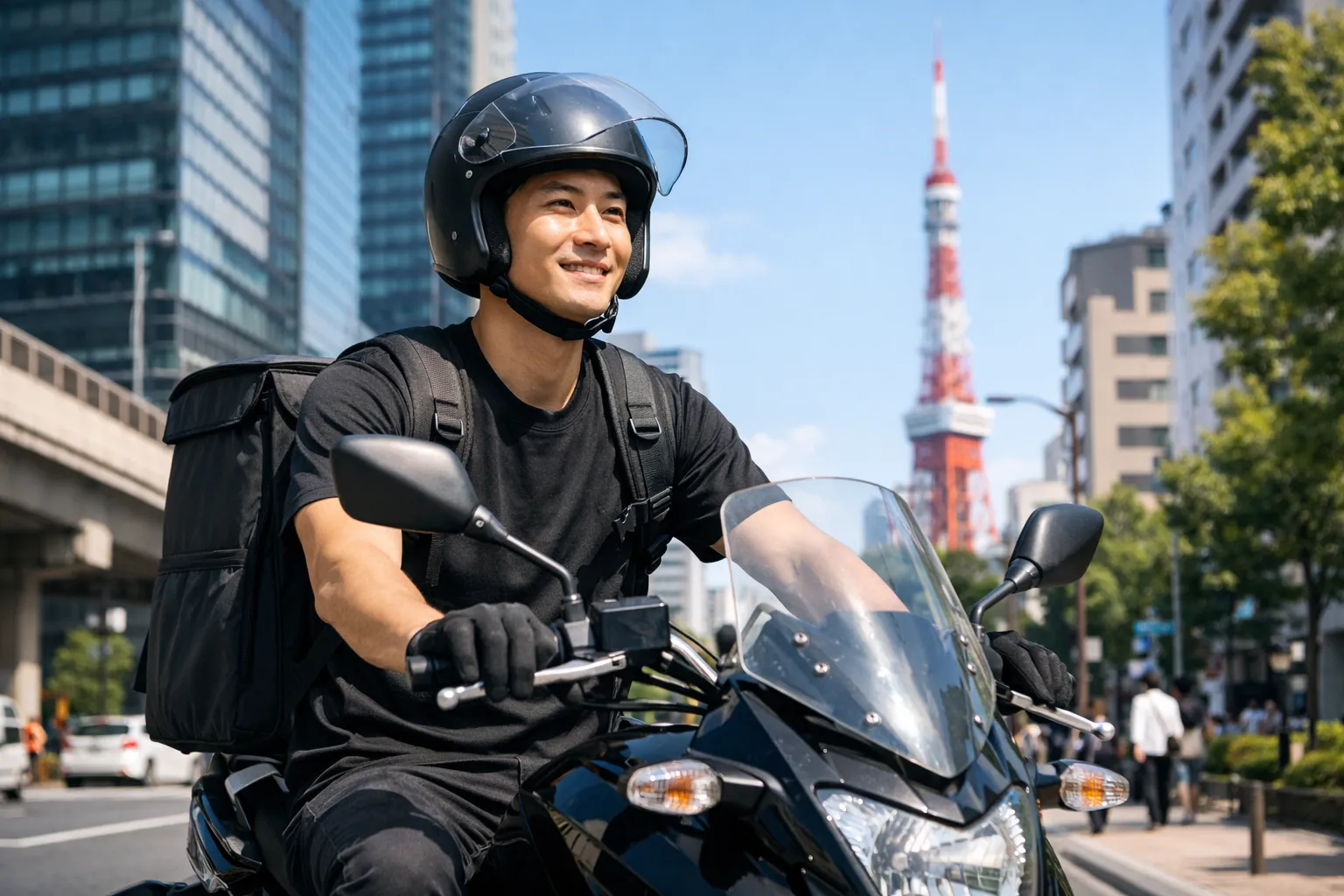 都市部でバイクにまたがる配達ドライバーのイメージ