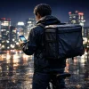 夜の都市でスマホを確認しながら稼働するフードデリバリー配達員