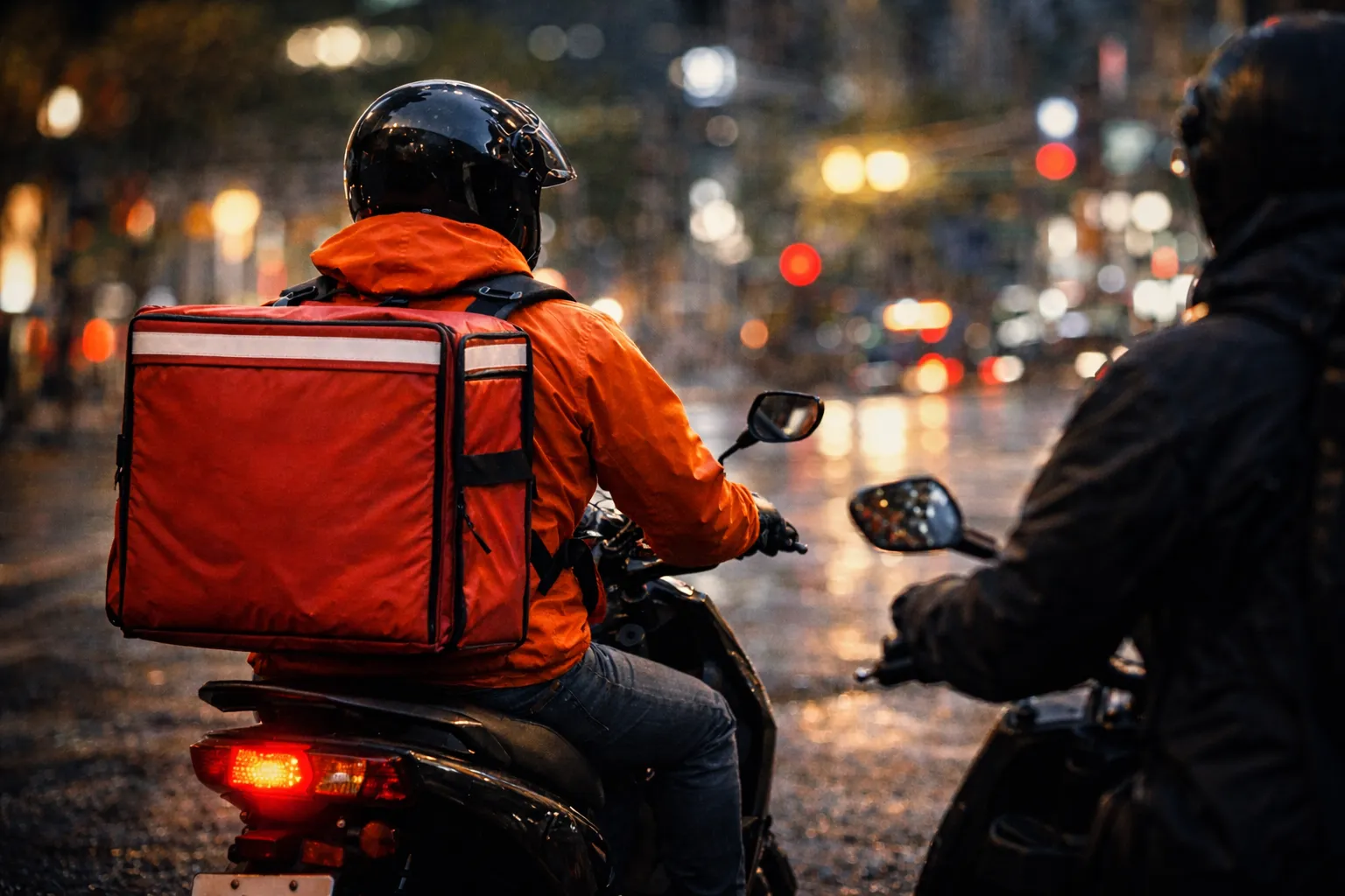 夜の都市でバイクに乗り稼働するフードデリバリー配達員の後ろ姿